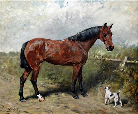 John Emms (1843-1912) Study of a chestnut hunter and terrier 16 x 20in.